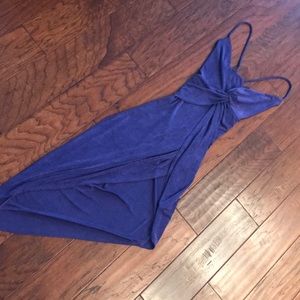 Purple asymmetric spaghetti strap knot front dress